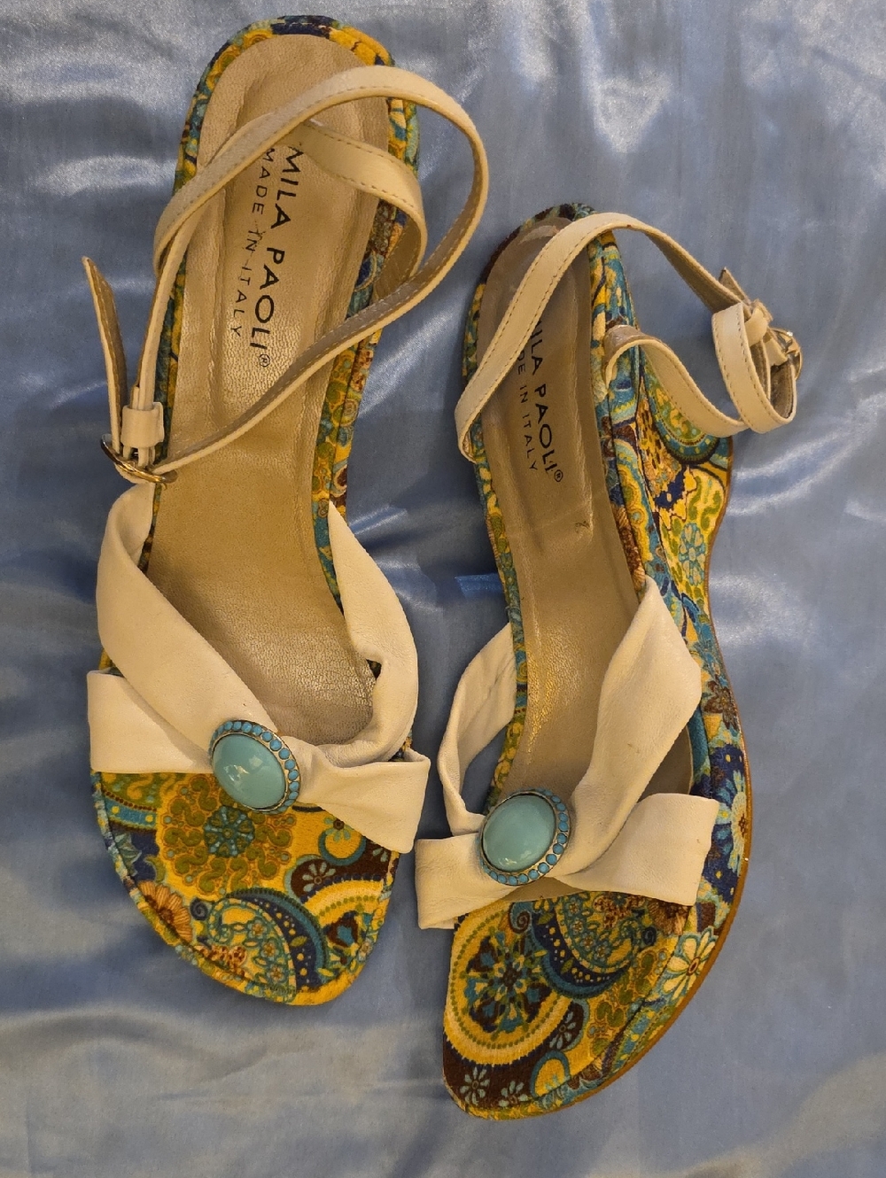 Mila Paoli Cream & Turquoise Paisley Wedge Sandals